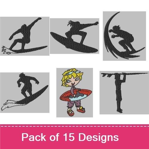 Surfing Kids Embroidery Designs Bundle – Surf Kid with Surfboard, Silhouette Surfer, Surfing Girl & More (15 Designs)