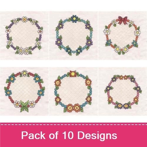 Floral Wreaths Embroidery Designs Bundle – Floral Wreath with Bow, Daisy Floral Wreath, Violet Floral Wreath & More (10 Designs)