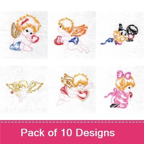 Valentine's Day Cherubs Embroidery Designs Bundle – Cherub with Heart, Cherub with Gift, Cherub with Rose & More (10 Designs)