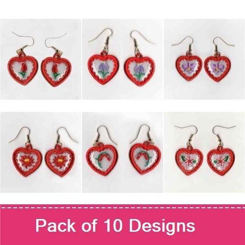 ITH Floral Heart Earrings Embroidery Bundle – Red Heart with Floral Design, Heart with Blue Flowers & More (10 Designs)