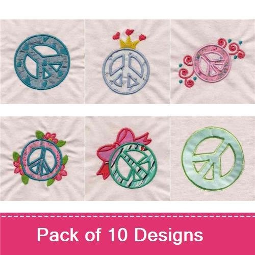 Applique Peace Symbols Embroidery Designs Bundle – Peace Symbol with Crown, Flowers Peace Symbol, Bold Peace Symbol & More (10 Designs)