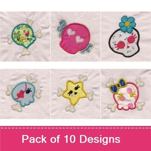 Applique Cute Skull & Heart Embroidery Designs Bundle – Pink Skull with Bow, Heart with Crossbones, & More (10 Designs)