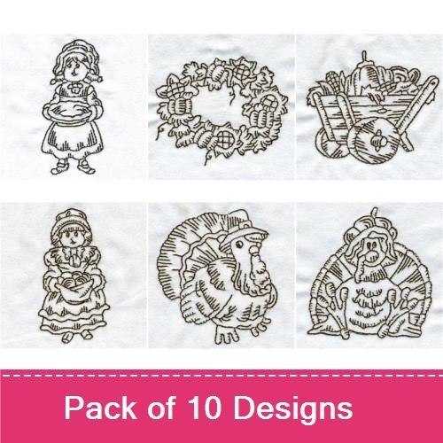 Redwork Thanksgiving Embroidery Designs Bundle – Turkey with Hat, Thanksgiving Girl, Floral Wreath & More (10 Designs)