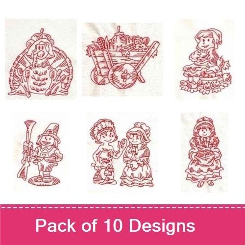 Redwork Thanksgiving Embroidery Designs Bundle – Turkey, Pilgrim Woman, Harvest Cart & More (10 Designs)
