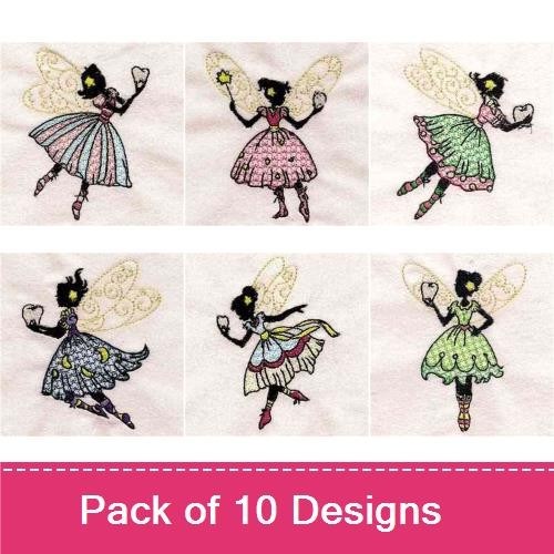 Redwork Fairy Silhouettes Embroidery Designs Bundle – Fairy with Heart, Fairy in Blue Dress, & More (10 Designs)