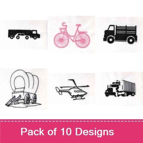 Redwork Classic & Modern Vehicles Embroidery Designs Bundle – Bicycle, Truck, Horse Drawn Carriage & More (10 Designs)
