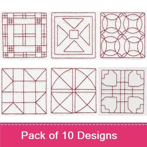 Redwork Quilt Block Embroidery Designs Bundle – Quilt Block Design 1, Quilt Block Design 2, Quilt Block Design 3 & More (10 Designs)