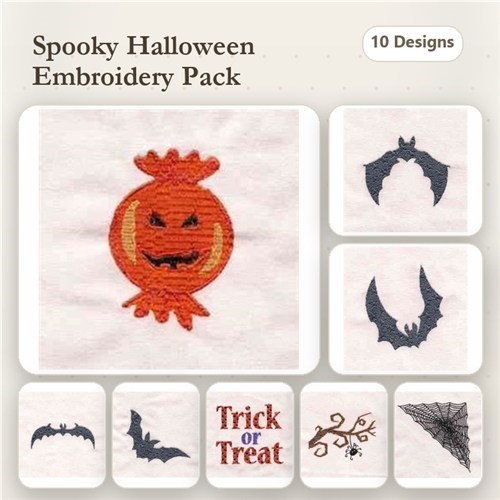 Halloween-Themed Embroidery Designs Bundle – Pumpkin, Bat Silhouettes, Trick or Treat & More (10 Designs)