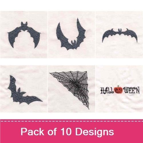 Halloween-Themed Embroidery Designs Bundle – Pumpkin, Bat Silhouettes, Trick or Treat & More (10 Designs)
