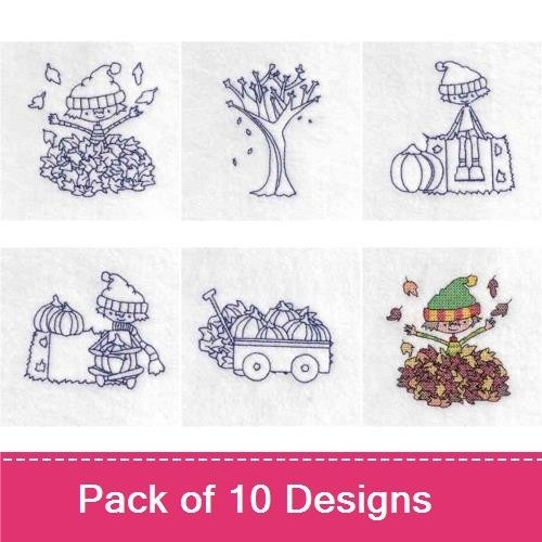 Autumn Harvest and Floral Embroidery Designs Bundle – Violet Floral Arrangement, Harvest Basket, Car with Pumpkins & More (10 Designs)