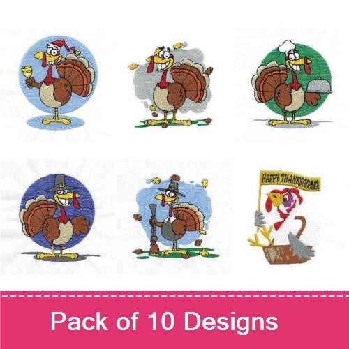 Funny Thanksgiving Turkey Embroidery Designs Bundle – Humorous Turkey with Sign, Turkey with Pie, & More (10 Designs)