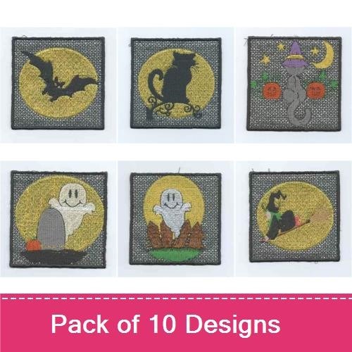 FSL Halloween Embroidery Designs Bundle – Bat with Moon, Black Cat, Ghost & More (10 Designs)