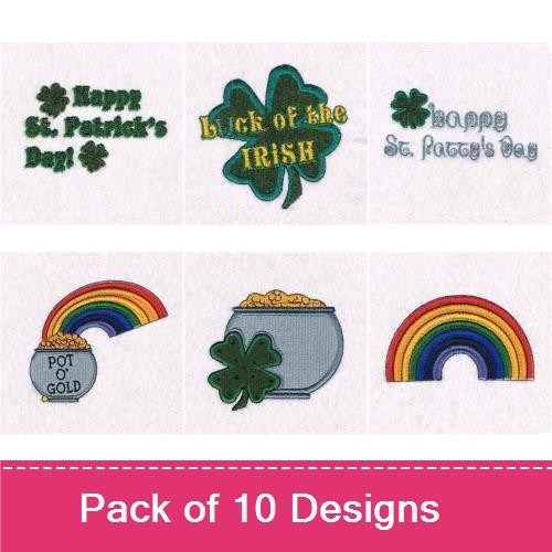 St. Patrick's Day Embroidery Designs Bundle – Lucky Clover, Pot of Gold, Rainbow & More (10 Designs)