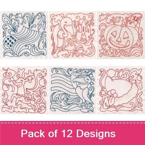 Redwork Cute Kids & Seasonal Activities Embroidery Designs Bundle – Surfing Kid, Diving Kid, Playing Dog & More (12 Designs)