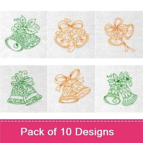 Redwork Festive Holiday Bells & Pumpkins Embroidery Designs Bundle – Bells with Holly, Pumpkin with Face, & More (10 Designs)