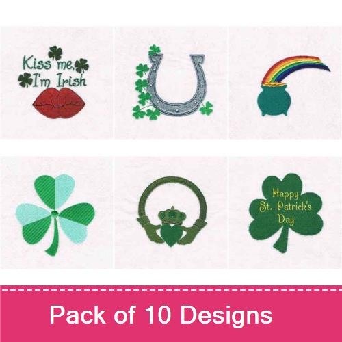 St. Patrick's Day Embroidery Designs Bundle – Green Leprechaun Hat, Rainbow, Horseshoe & More (10 Designs)