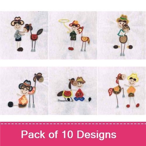 Cowboy & Castle Embroidery Designs Bundle – Cowboy with Horse, Castle with Flag, Cowgirl with Basket & More (10 Designs)