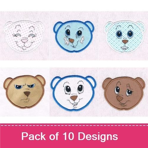 Applique Cute Bear Faces Embroidery Bundle – Blue Bear Face, Brown Bear Face, Bear with Bow & More (10 Designs)