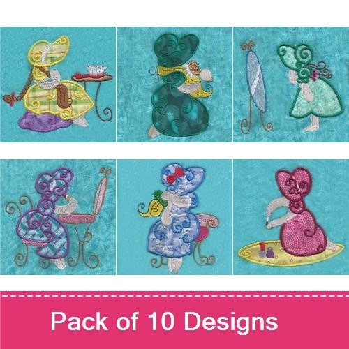 Applique Sunbonnet Sue Characters Embroidery Designs Bundle – Sue with Green Dress, Hand Mirror, Sunglasses & More (10 Designs)