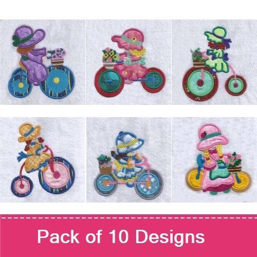Applique Vintage Girls on Bicycles Embroidery Bundle – Girl on Pink Bicycle with Flowers, Girl on Blue Bicycle, Monogram D & More (10 Designs)