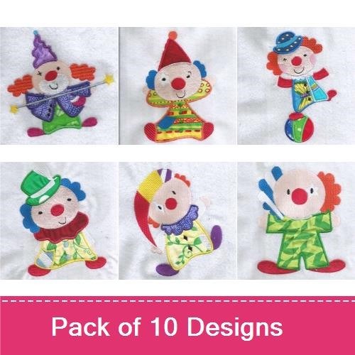 Applique Clowns and Bears Embroidery Designs Bundle – Clown with Green Coat, Brown Bear with Balloons & More (10 Designs)