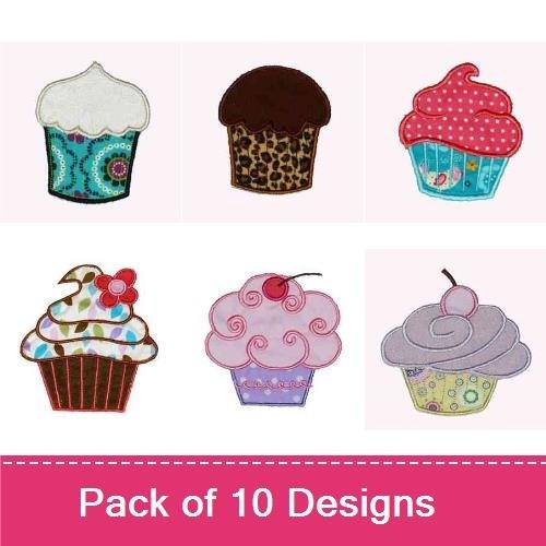 Applique Cupcakes & Bees Embroidery Bundle – Cupcake with Stars, Bee on Flower, Cupcake with Cherry & More (10 Designs)