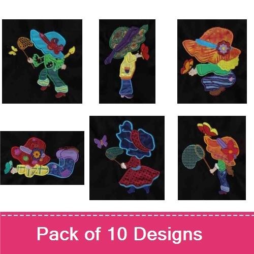 Applique Vintage Butterfly Catcher Girls Embroidery Bundle – Butterfly Catcher Girl with Net, Red Hat, & More (10 Designs)