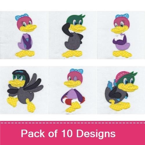 Applique Cartoon Animals Embroidery Designs Bundle – Bird on Branch, Apple with Ant, Penguin with Cap & More (10 Designs)