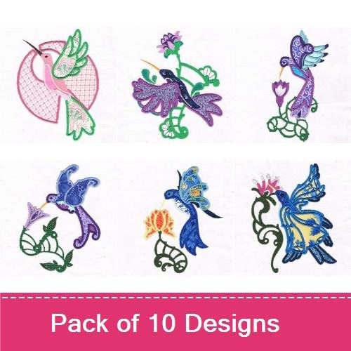 Applique Hummingbirds & Monkey Embroidery Designs Bundle – Hummingbird with Flowers, Colorful Hummingbird & More (10 Designs)