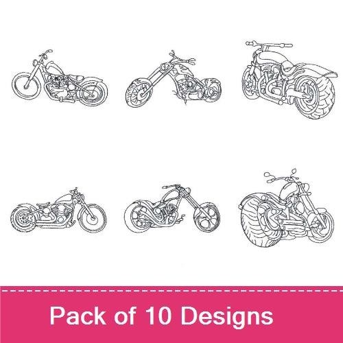 Fun Motorcycle Characters Embroidery Designs Bundle – Motorcycle Character, Clown Motorcycle, Happy Motorcycle & More (10 Designs)