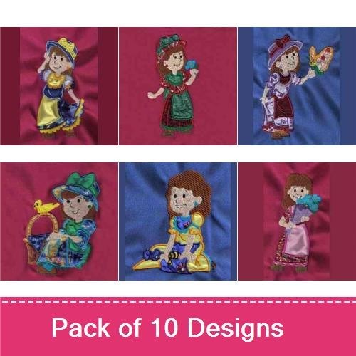 Applique Vintage Girls Embroidery Bundle – Girl with Basket, Girl in Red Dress, Girl in Traditional Dress & More (10 Designs)