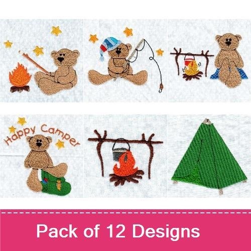 Camping Bear Embroidery Bundle – Camping Bear with Fishing Rod, Campfire, Camping Tent & More (12 Designs)