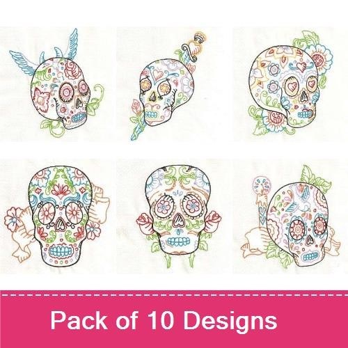 Colorful Sugar Skulls Embroidery Designs Bundle – Winged Sugar Skull, Cactus, Red Pepper & More (10 Designs)