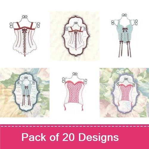 Applique Vintage Corsets & Accessories Embroidery Designs Bundle – Vintage Corset, Pair of Gloves, Red Bow & More (20 Designs)