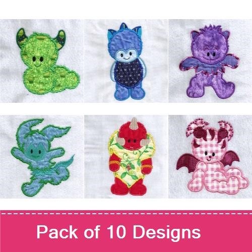 Applique Cute Monsters & Bee Alphabet Embroidery Designs Bundle – Green Monster, Purple Monster, K Letter with Bee & More (10 Designs)