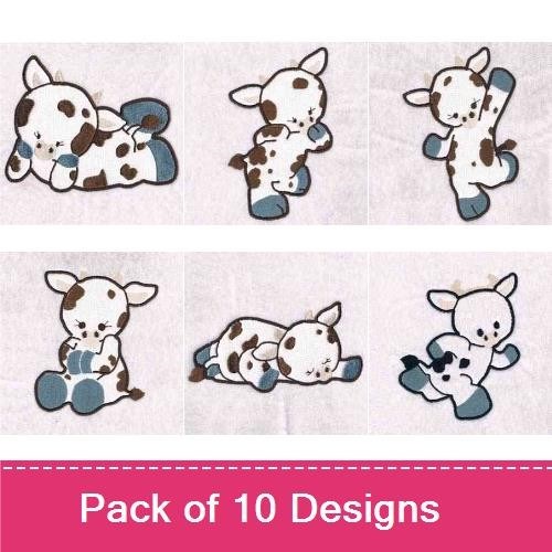 Applique Cute Calf Embroidery Bundle – Lying Calf, Calf with Flower, Calf on Blanket & More (10 Designs)