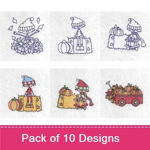 Whimsical Fall Embroidery Designs Bundle – Harvest Cart, Red Bird, Squirrel with Acorn & More (10 Designs)