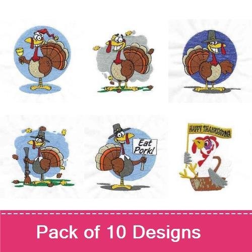Thanksgiving & Floral Embroidery Designs Bundle – Festive Turkey with Bell, Flower Bouquet with Ribbon & More (10 Designs)