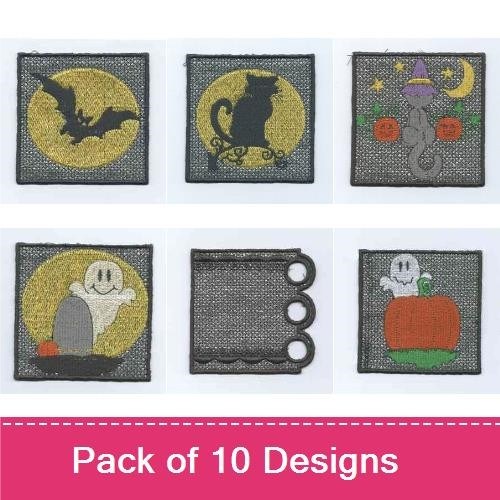 Halloween Embroidery Designs Bundle – Bat Silhouette, Black Cat on Moon, Ghost with Pumpkin & More (10 Designs)