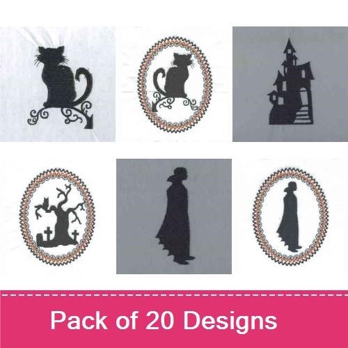 Spooky Halloween Characters Embroidery Designs Bundle – Black Cat Silhouette, Pirate Fox, Witch Silhouette & More (20 Designs)