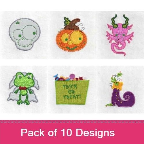 Applique Whimsical Halloween Characters Embroidery Bundle – Smiling Pumpkin, Skeleton Face, Purple Dragon & More (10 Designs)