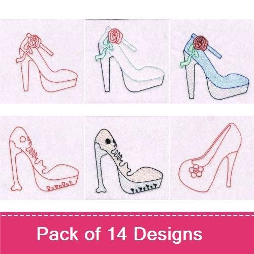 Elegant High Heel Shoes Embroidery Bundle – High Heel Shoe with Rose, High Heel Shoe with Flower, & More (14 Designs)