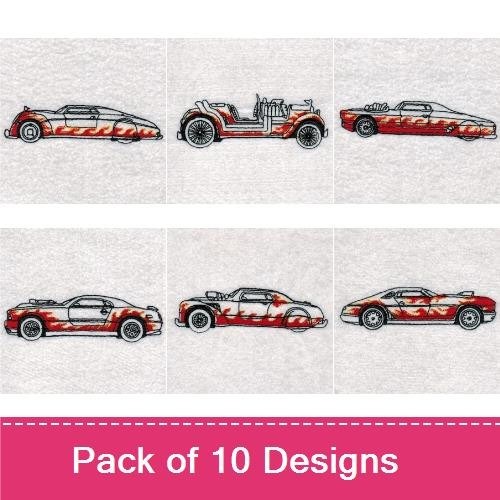 Redwork Vintage Cars & Cute Characters Embroidery Bundle – Vintage Car, Chicken, Dinosaur & More (10 Designs)