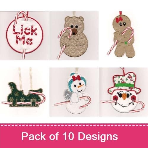 Applique Christmas Candy Cane Ornaments Embroidery Designs Bundle – Bear with Candy Cane, Penguin in Scarf & More (10 Designs)