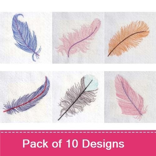 Delicate Feather Embroidery Designs Bundle – Blue Feather, Pink Feather, Orange Feather & More (10 Designs)