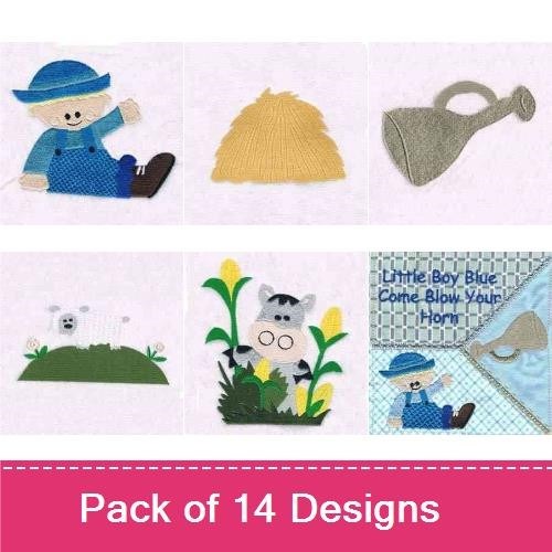 Applique Nursery Rhyme Embroidery Designs Bundle – Little Boy Blue, Watering Can, Sheep & More (9 Designs)