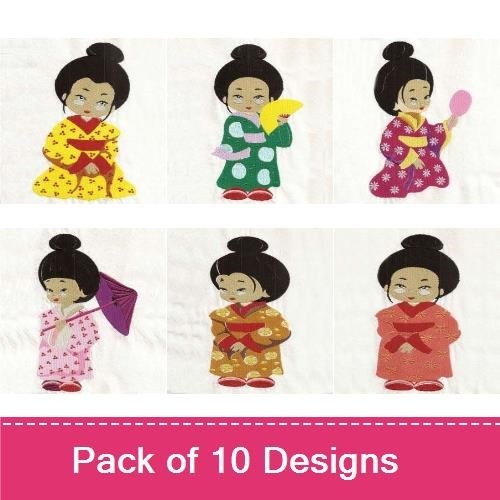Applique Geisha Girls & Candle Embroidery Bundle – Yellow Kimono, Green Kimono with Spoon, Red Kimono & More (10 Designs)