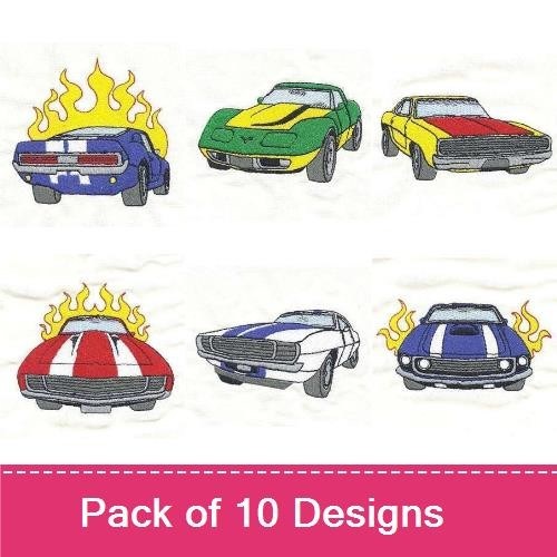 Muscle Cars Embroidery Designs Bundle – Vintage Muscle Car with Flames, Classic Race Car, Convertible Muscle Car & More (10 Designs)