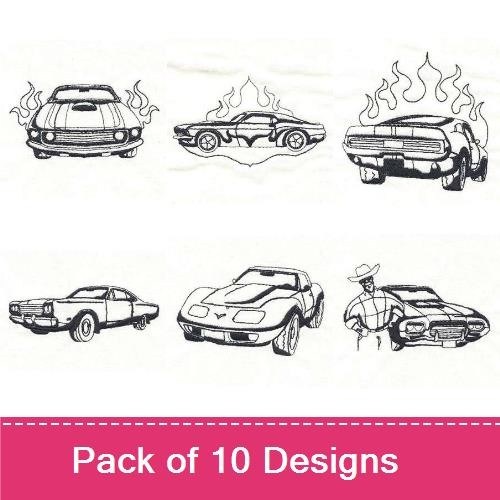 Classic Muscle Car Embroidery Designs Bundle – Muscle Car with Flames, Classic Muscle Car Side View & More (10 Designs)