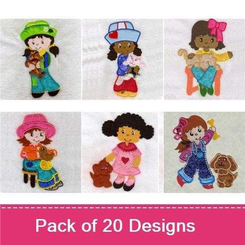 Girl Embroidery Bundle – Diverse Kids with Pets (20 Designs)